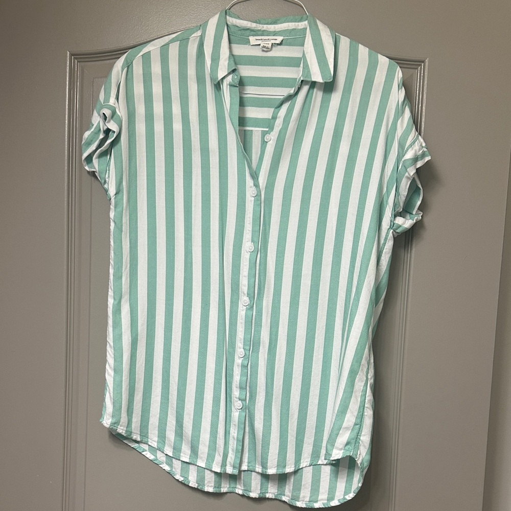 beachlunchlounge Mint and White Striped Button Down Shirt